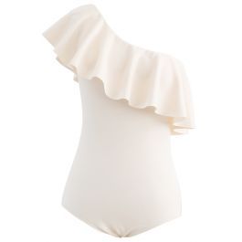 Oblique Shoulder Ruffle Trim One-Piece Swimsuit | Chicwish