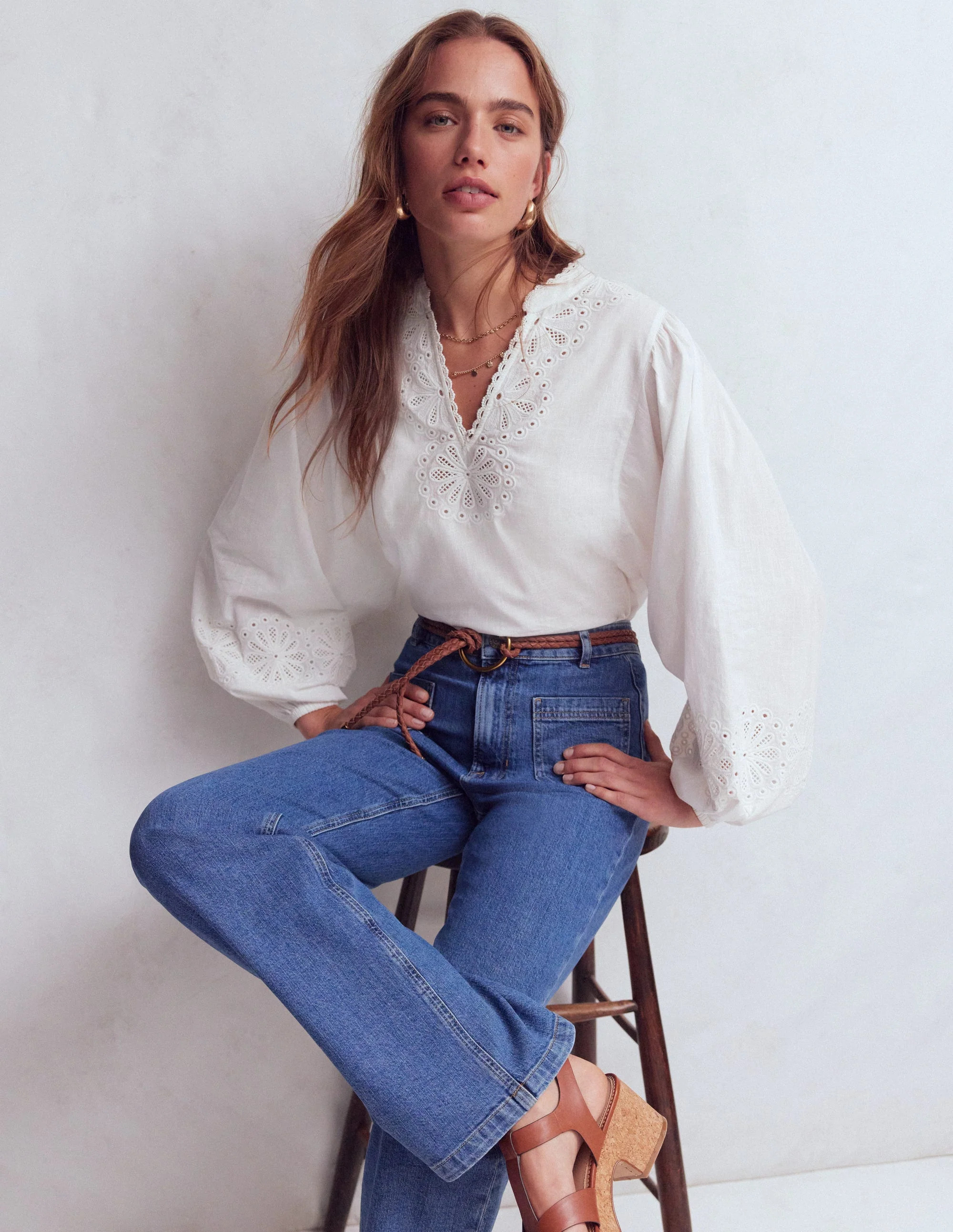 Embroidered Notch Neck Top-White | Boden (US)