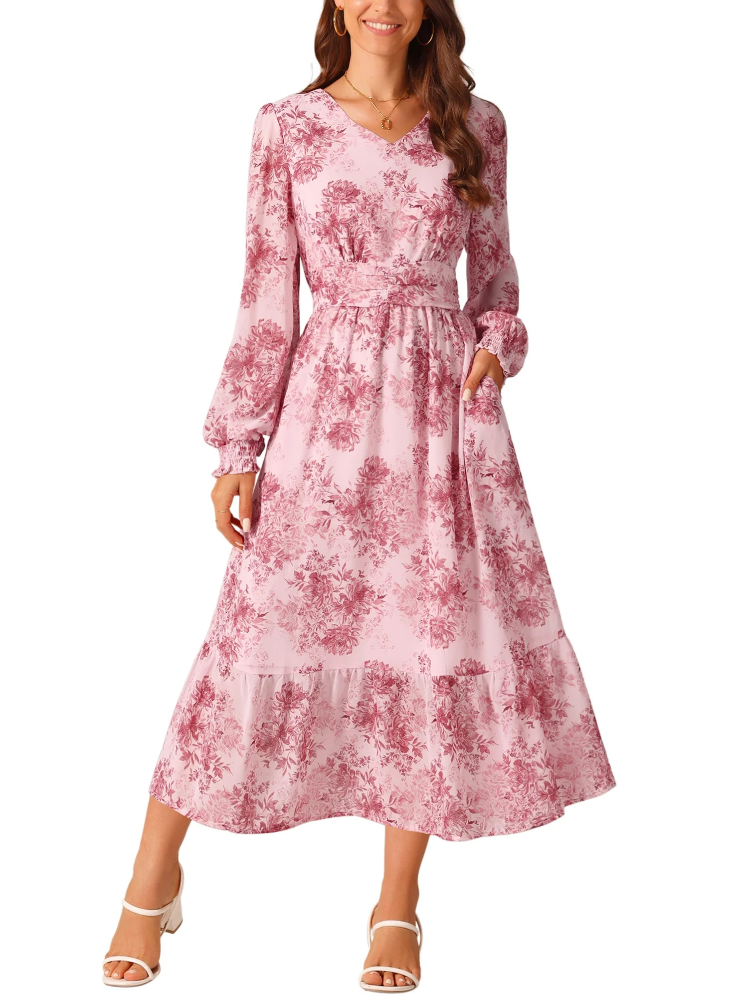 INSPIRE CHIC Women's Chiffon Dresses Long Sleeves Semi Sheer Ruffle Tiered Boho Floral Dress with... | Walmart (US)