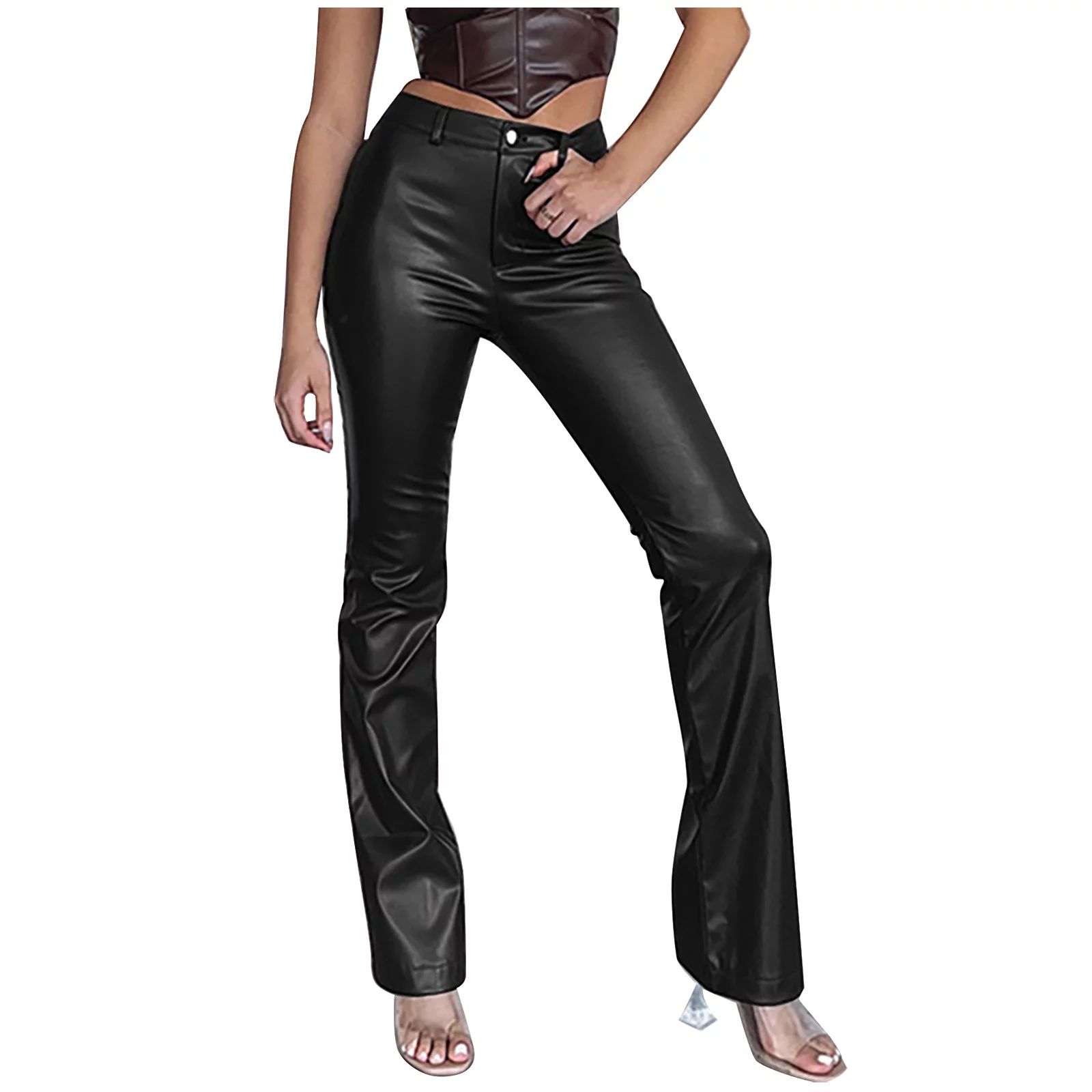 XFLWAM Women's Faux Leather Pants Mid Waist Flare Bell Bottom Leggings Casual Solid Color Pants w... | Walmart (US)