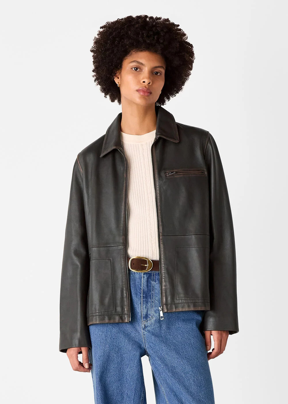 Brown Kate Burnished Leather Jacket | WHISTLES | Whistles UK | | Whistles