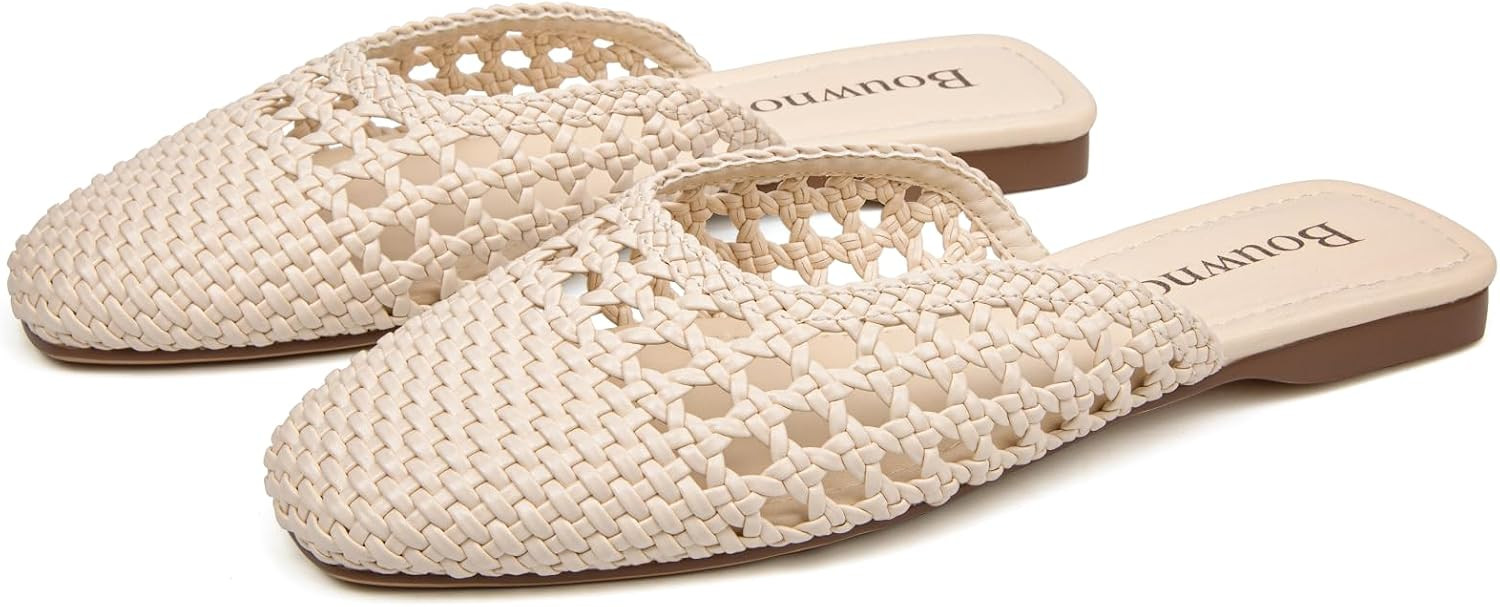 Woven Mules for Women Comfortable Closed Square Toe Flat Mules Casual Breathable Slip on Woven Leather Slides Flats | Amazon (US)