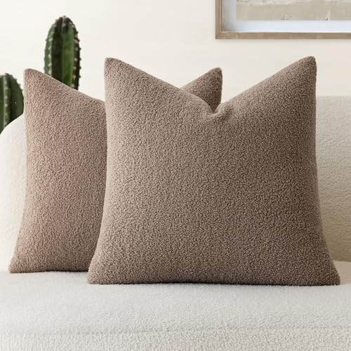 Foindtower Pack of 2, Curly Faux Fur Decorative Throw Pillow Covers Soft Boho Plush Cushion Case with Zipper Cozy Fluffy Pillowcase for Home Living Room Couch Bed Sofa 18 x 18 Inch, Chocolate | Amazon (US)