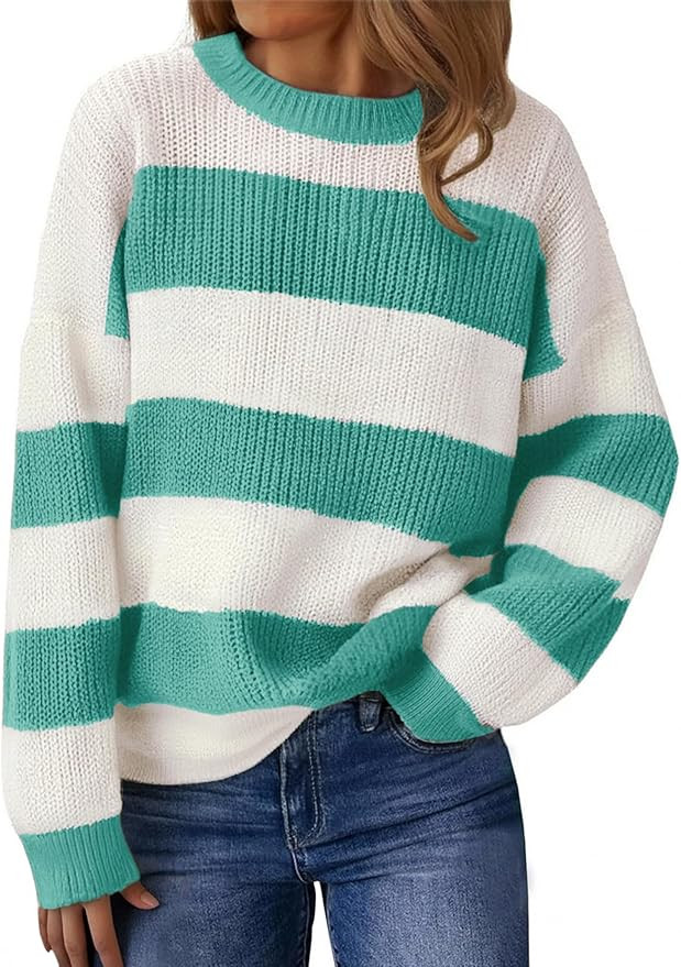 SunnyMelody Womens Cute Color Block Striped Sweater Fall 2025 Pullover Knit Tops - Ribbed Crew Ne... | Amazon (US)