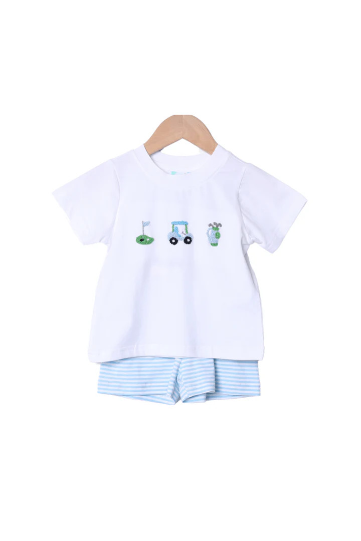 French Knot Blue Stripe Golf Short Set | The Smocked Flamingo