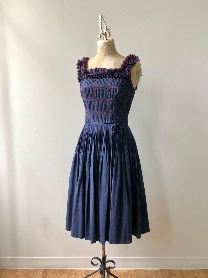 Vintage 1950s Navy Blue Cotton Sundress - Etsy | Etsy (US)