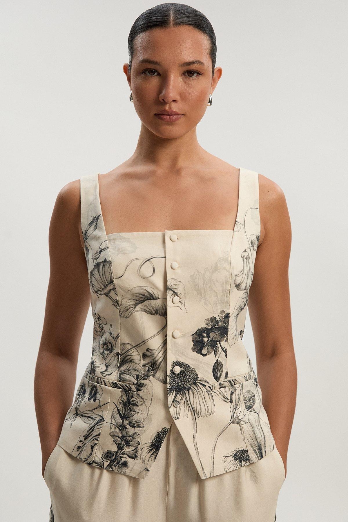 Viscose Linen Scenic Placed Print Strappy Top | Karen Millen UK + IE + DE + NL