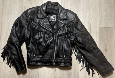VTG 80s Western Fringe Cropped Moto Leather Jacket Womens Black Tagged 16 Large | eBay US