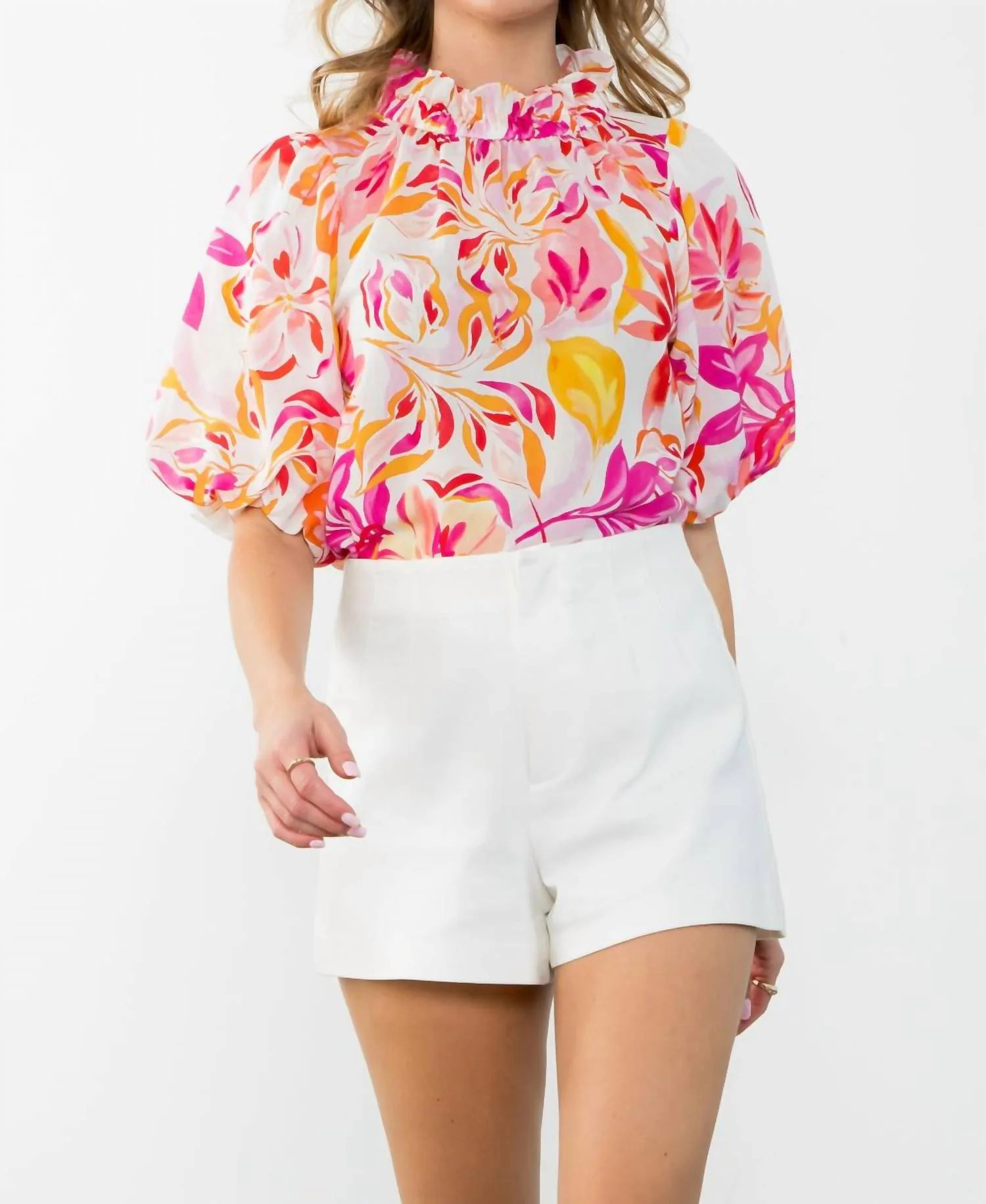 Puff Sleeve Flower Print Top In Floral Pink | Shop Simon