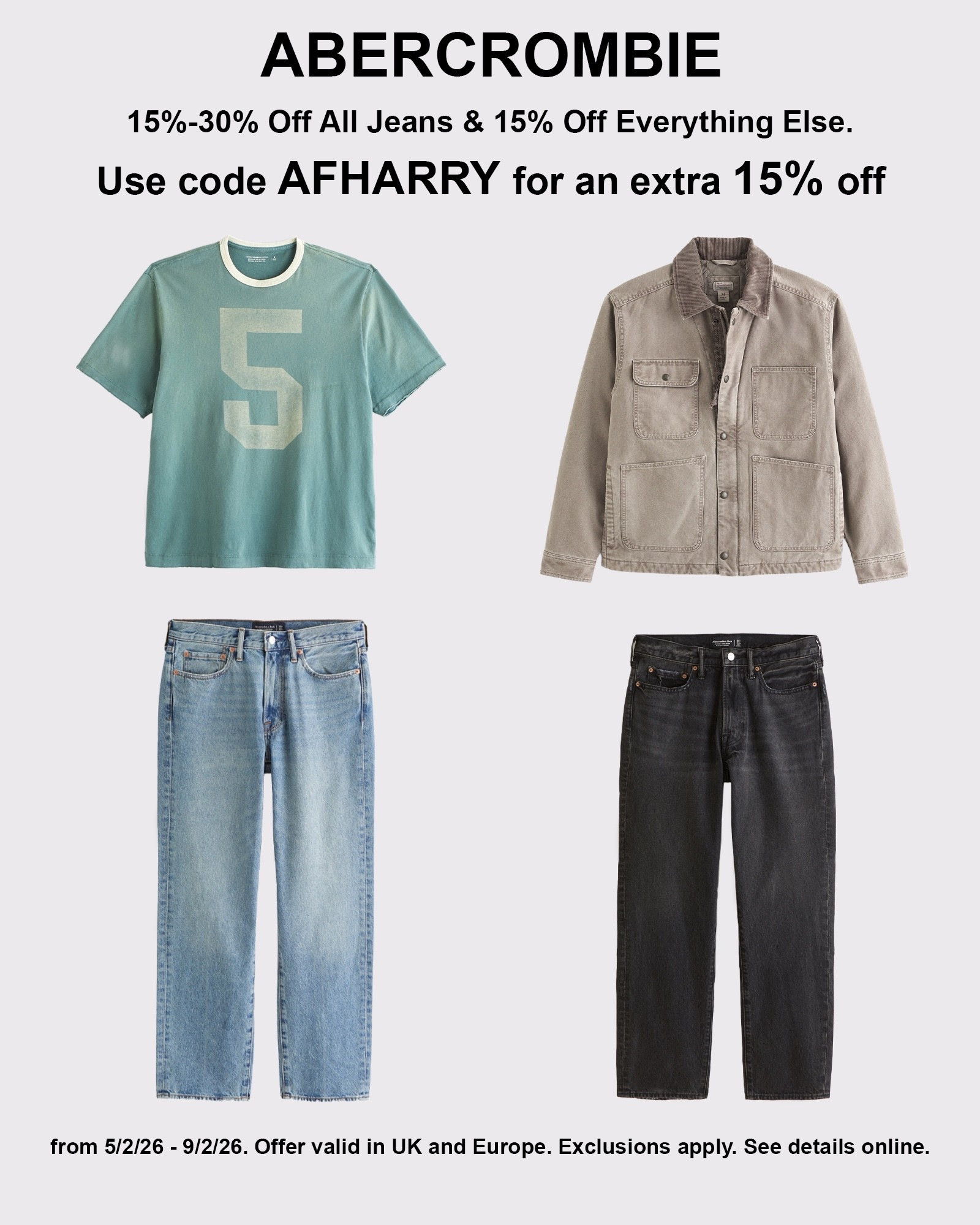 AD  Abercrombie have 15%-30% Off All Jeans & 15% Off Everything Else. 
Use code AFHARRY for an extra 15% off. 
@abercrombie #abercrombiepartner

#LTKMens #LTKootd #LTKgrwm