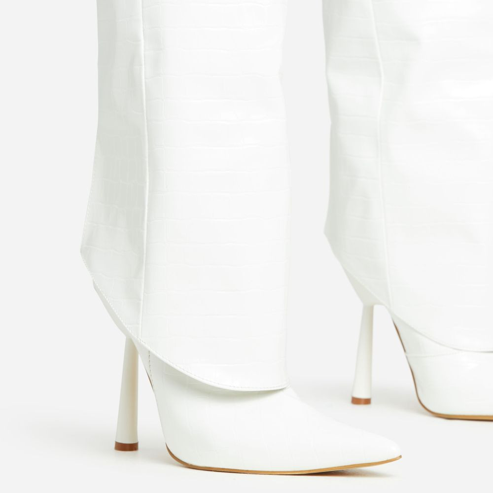 Narla Layered Detail Pointed Toe Thin Round Heel Knee High Long Boot In White Croc Print Faux Lea... | EGO Shoes (US & Canada)
