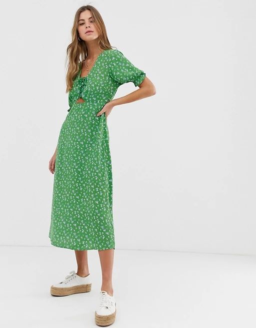 New Look tie front midi dress in green ditsy floral print | ASOS US
