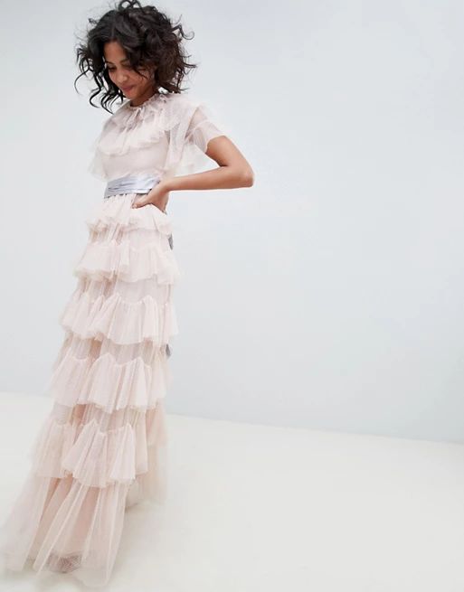 Needle & Thread tiered maxi gown with waistband in rose | ASOS US