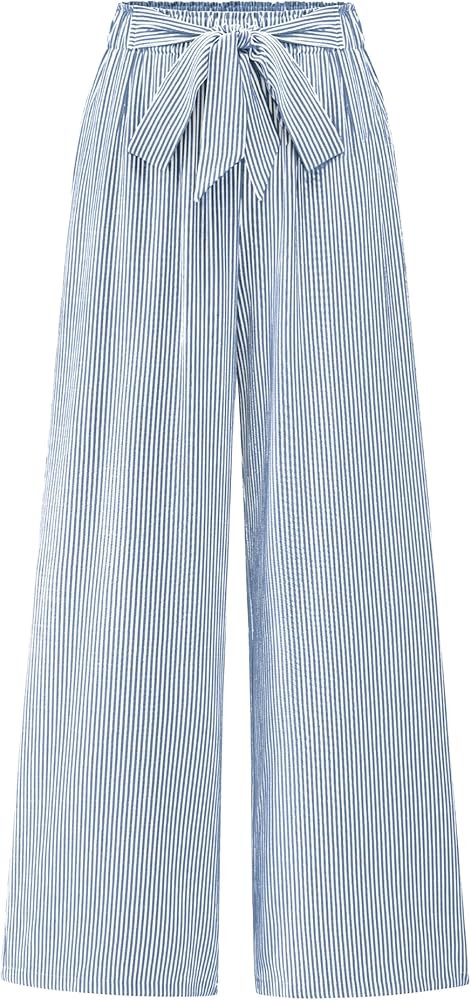BTFBM Palazzo Pants for Women 2025 Fall Striped Flowy Tie Knot Wide Leg High Waist Dressy Casual ... | Amazon (US)
