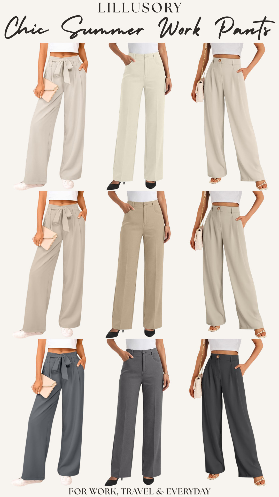 LILLUSORY | Chic Summer Wide Leg, High-Waisted Work Pants ☀️ 

If your work pants feel stiff, uncomfortable, or just… basic — this is your upgrade.

Because finding pants that are actually comfortable, flattering, AND look polished is way harder than it should be.

I went through so many options and these LILLUSORY summer work pants are the ones that made the cut.

These are that perfect mix of put-together and effortless.

Why these are actually worth it:
• Lightweight, breathable fabric (no overheating at work)
• Flowy wide-leg fits that elongate your legs instantly
• High-waisted styles that smooth + flatter your waist
• Stretchy, comfortable feel (no stiff dress pants energy)
• Tailored look without feeling restrictive
• Easy to dress up or down depending on your day

What you’re getting:
Tie-waist styles, structured trouser fits, relaxed wide-leg silhouettes — all in neutral tones that go with everything

Color lineup (PERFECT neutrals):
Cream, beige, taupe, charcoal, soft grey — the kind of colors that make outfits look expensive

Perfect for:
Work outfits / business casual
Office, teaching, commuting
Travel days + airport outfits
Running errands but still looking put together
Everyday elevated outfits

These are the pants you throw on when you want to look like you tried… without actually trying.

I did the digging for you — these are the ones that are actually worth buying and wearing on repeat.

If your wardrobe needs that effortless, polished upgrade… this is it.

↓ Everything is linked!

#LTKSaleAlert #LTKWorkwear #LTKTravel