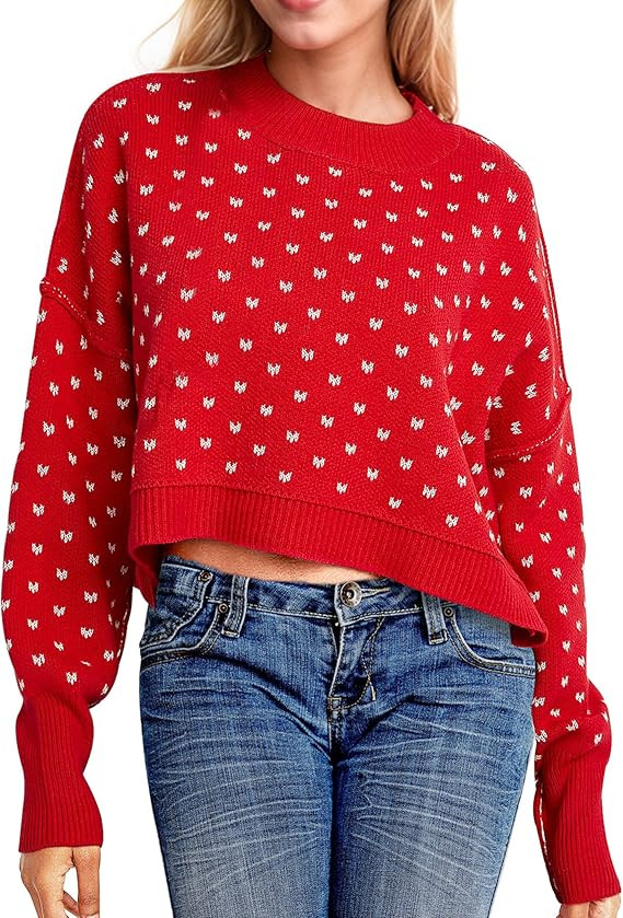 Women Oversized Sweater Crewneck Long Sleeve Patterned Cropped Pullover Sweaters Women Tops Sweat... | Amazon (US)