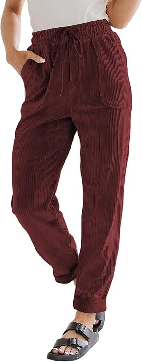 EVALESS Corduroy Pants for Women Casual Drawstring Elastic High Waist Straight Leg Pants Loose Co... | Amazon (US)