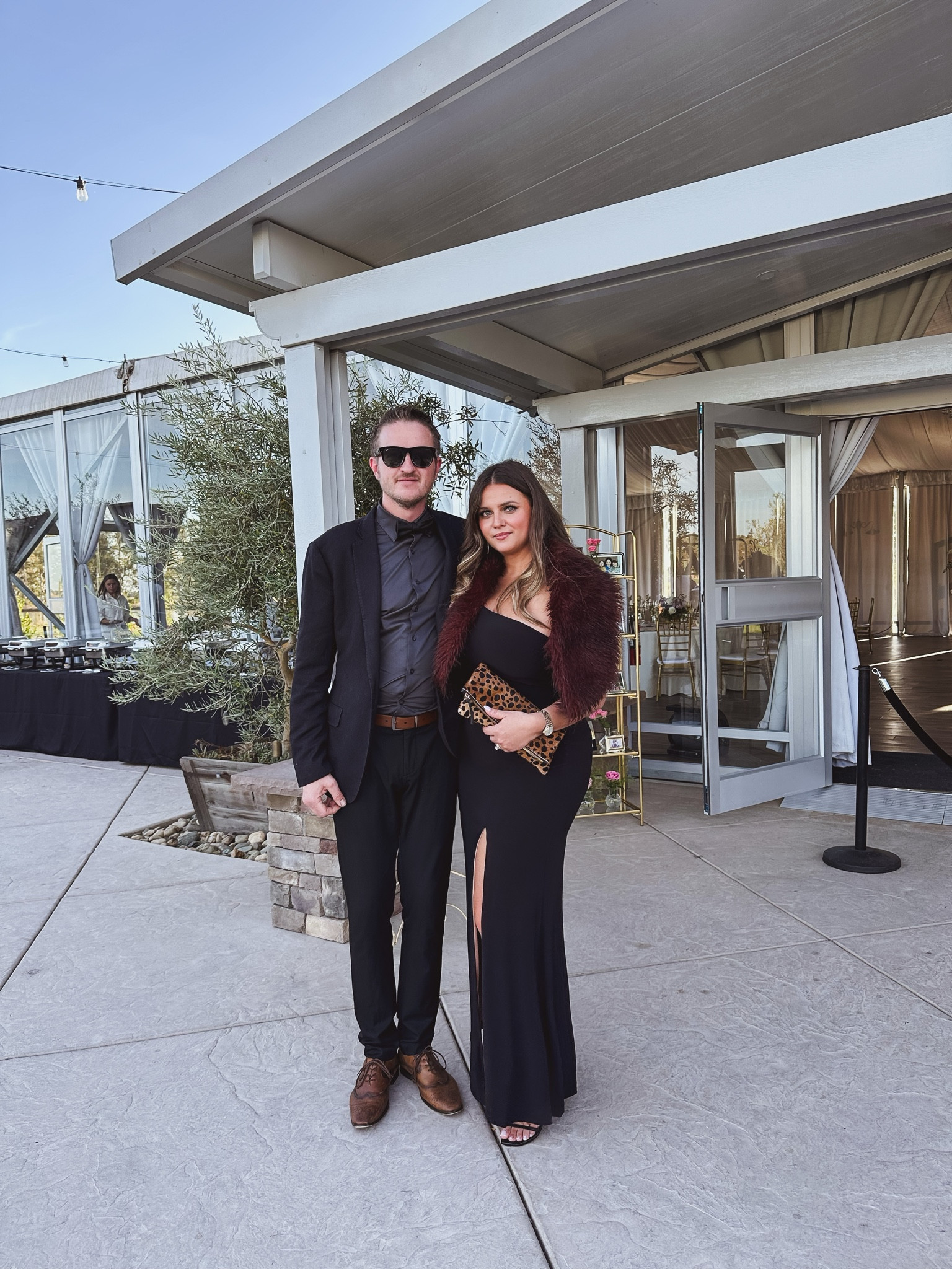 { Cheers to love, family, and dancing the night away! 💃🕺 Celebrating in style at his cousin’s wedding—him in suave dark tones, me in classic black with a touch of leopard and burgundy. Forever swooning with this one by my side ❤️ #WeddingGuestStyle #FamilyLove #ForeverPlusOne }
