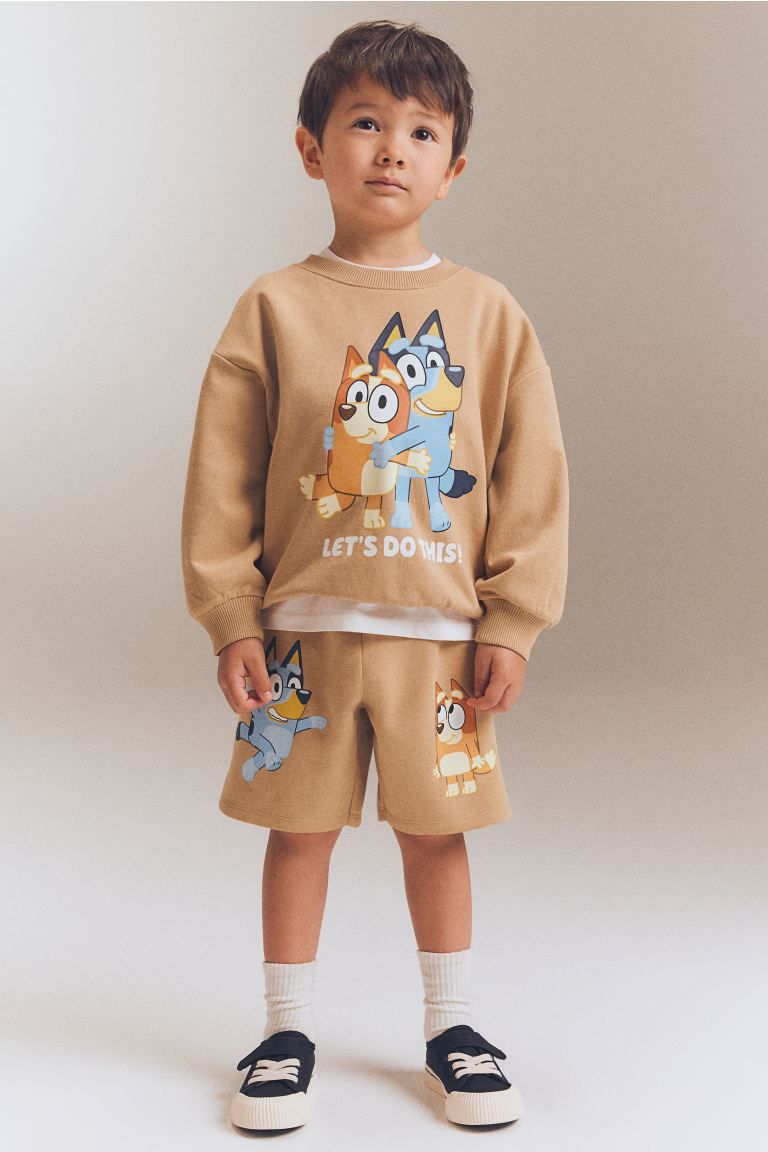 2-piece Printed Sweatshirt Set - Regular waist - Round Neck - Beige/Bluey - Kids | H&M US | H&M (US + CA)