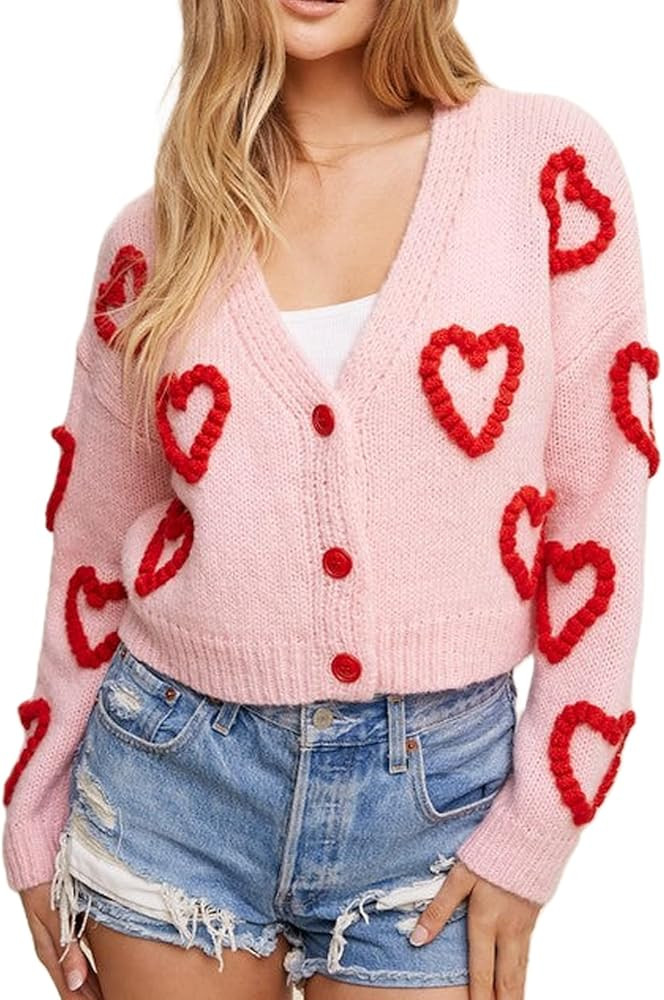 Women Cute Heart Print Cardigan Valentine’s Day Love Heart Button Front Sweater Long Sleeve Kni... | Amazon (US)