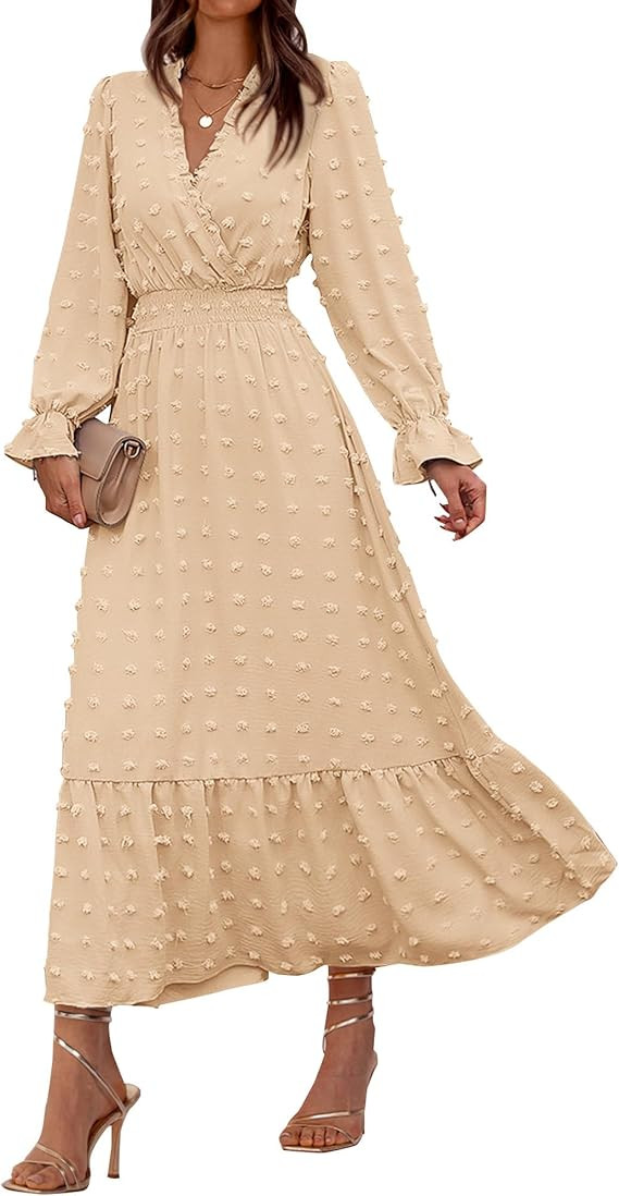 BTFBM Women Fall Maxi Dresses 2026 Long Sleeve V Neck Swiss Dots High Waisted A-Line Ruffle Boho ... | Amazon (US)