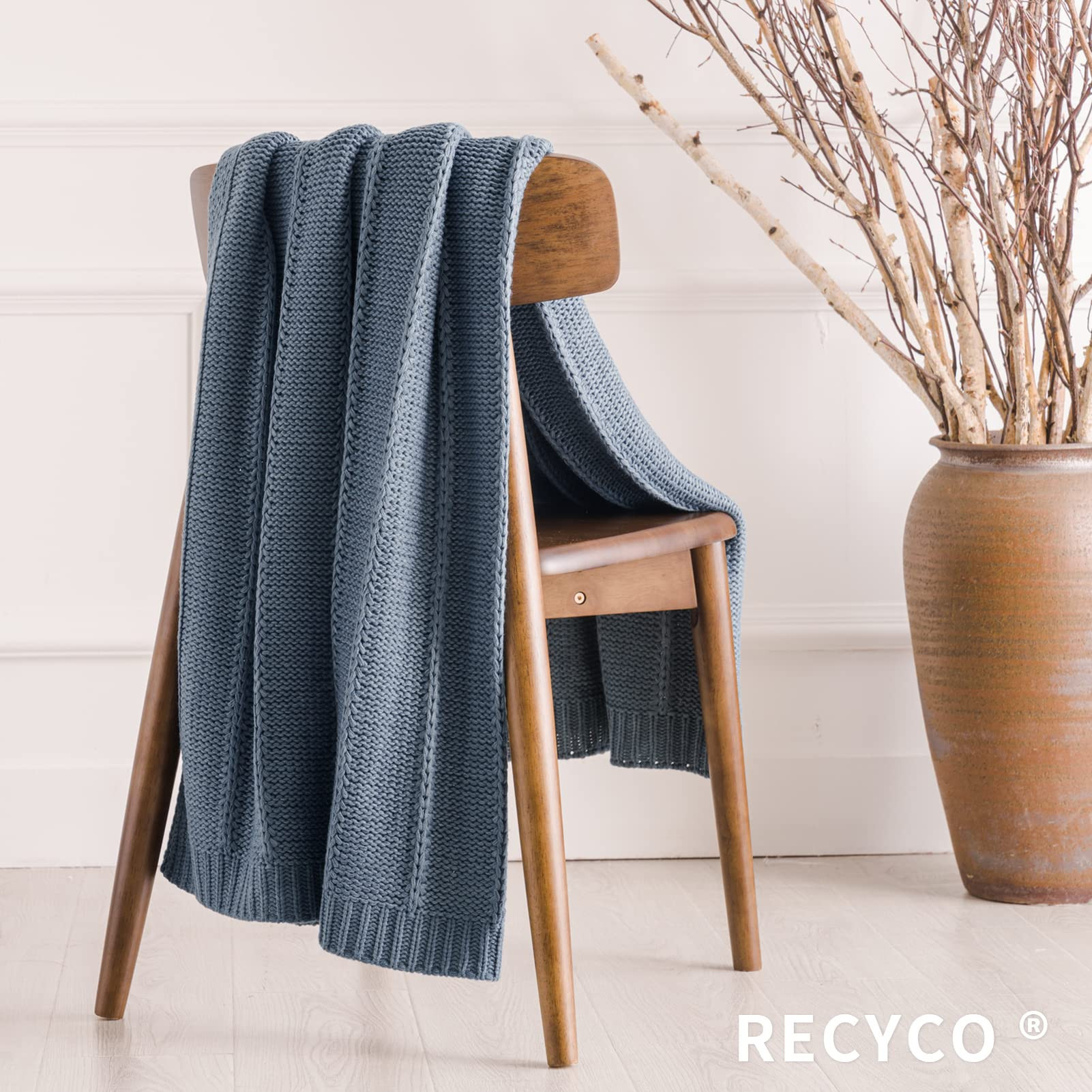 RECYCO Cable Knit Dusty Blue Throw Blanket for Couch, Super Soft Warm Cozy Decorative Knitted Thr... | Amazon (US)