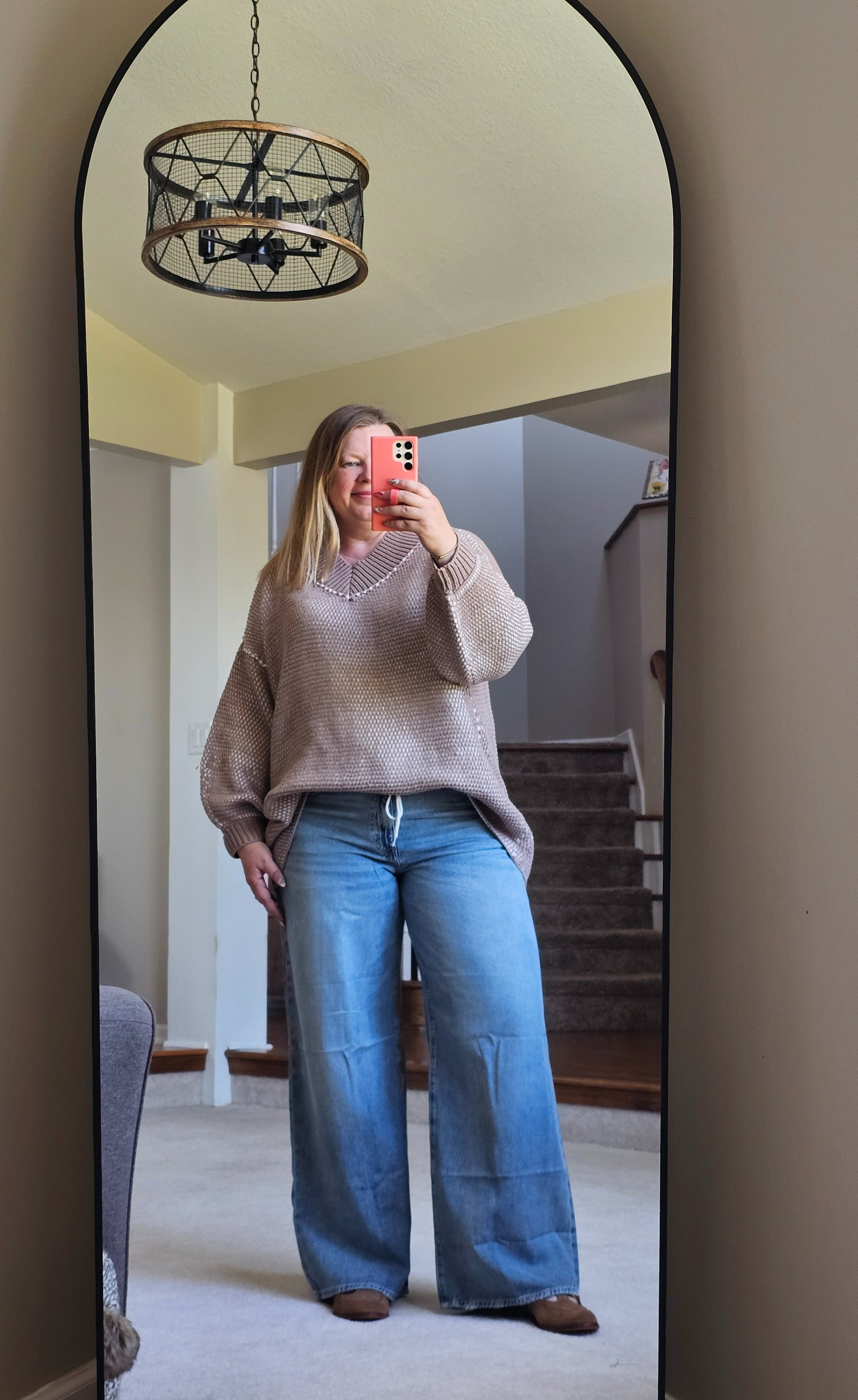 This sweater is super thick and comfy. Not itchy.  Wearing an XL.  Denim are a size 33 and super soft. 

#LTKMidsize #LTKSaleAlert #LTKOver40