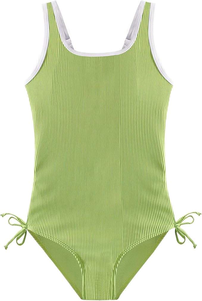 Weixinbuy Girls Swimsuit Ribbed Bathing Suit for Girls Adjustable Strap Color Block Summer Beach ... | Amazon (US)