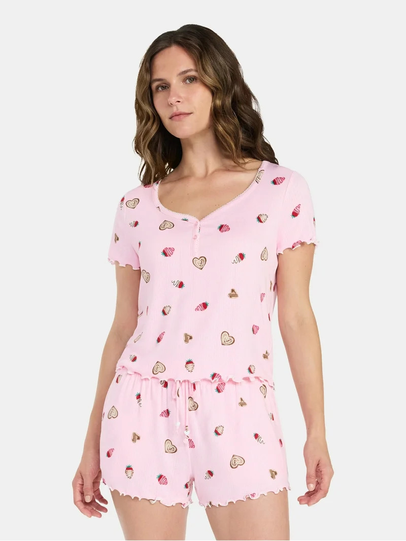 Valentine's Day Women's Knit Henley Top and Shorts Pajama Set from Way to Celebrate, 2-Piece, Siz... | Walmart (US)