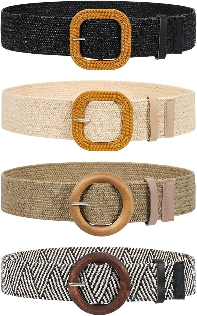VONMELLI 4 Pack Straw Woven Elastic Stretch Waist Belt Fashion Boho Dress Braided Belts for Women | Amazon (US)