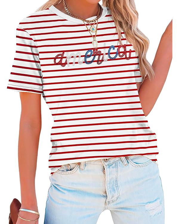 American Flag Shirt for Women Sequin USA Stripes T-Shirt 4th of July Patriotic Tee Tops | Amazon (US)