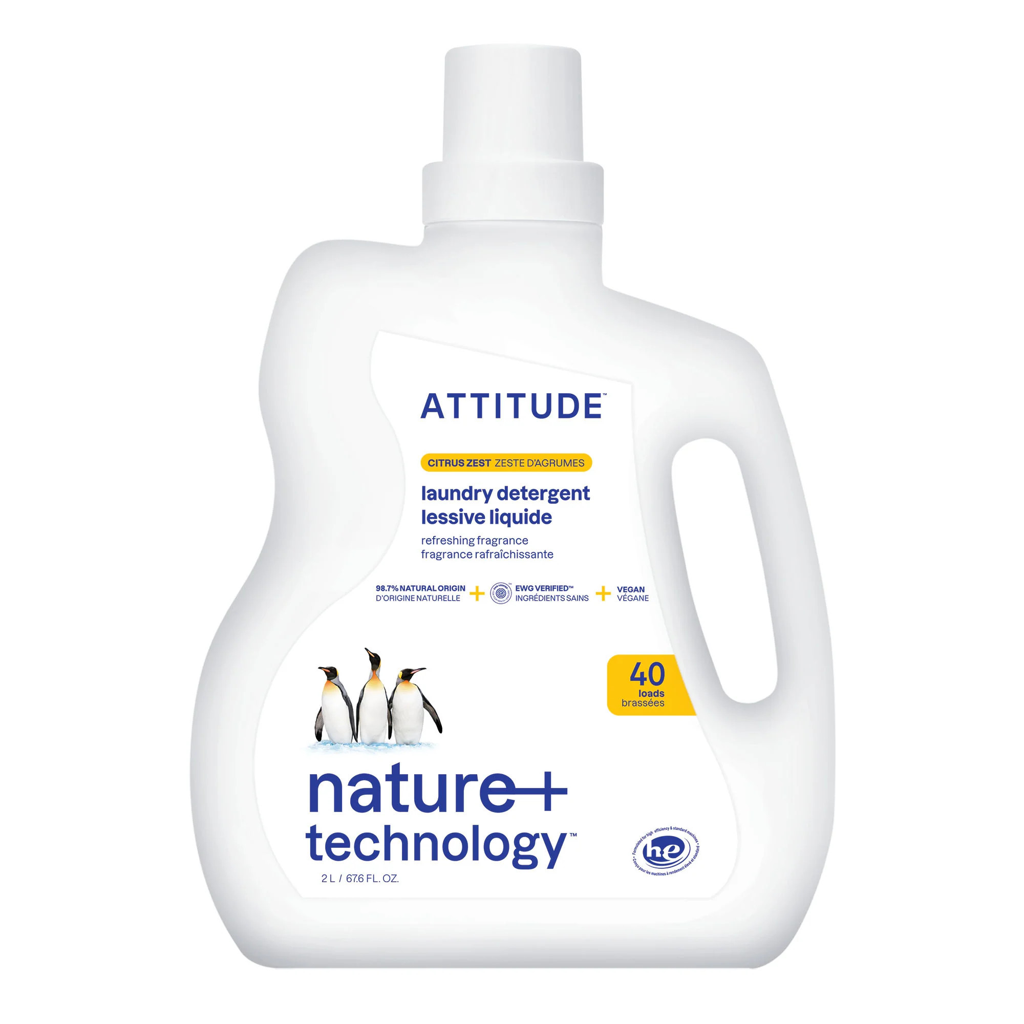 ATTITUDE Liquid Laundry Detergent, EWG Verified, HE Compatible, Plant-Based & Vegan, Natural Laundry Soap, Citrus Zest Scent, 40 Loads, 67.6 Fl Oz | ATTITUDE Living