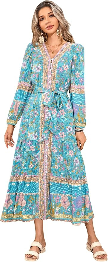 R.Vivimos Women's Long Sleeve Boho Midi Dress V Neck Floral Print Casual Button Down Loose Ruffle... | Amazon (US)