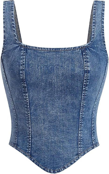 WDIRARA Women's Denim Corset Tank Top Asymmetrical Hem Crop Tops Sleeveless Zip Up Back Tanks | Amazon (US)