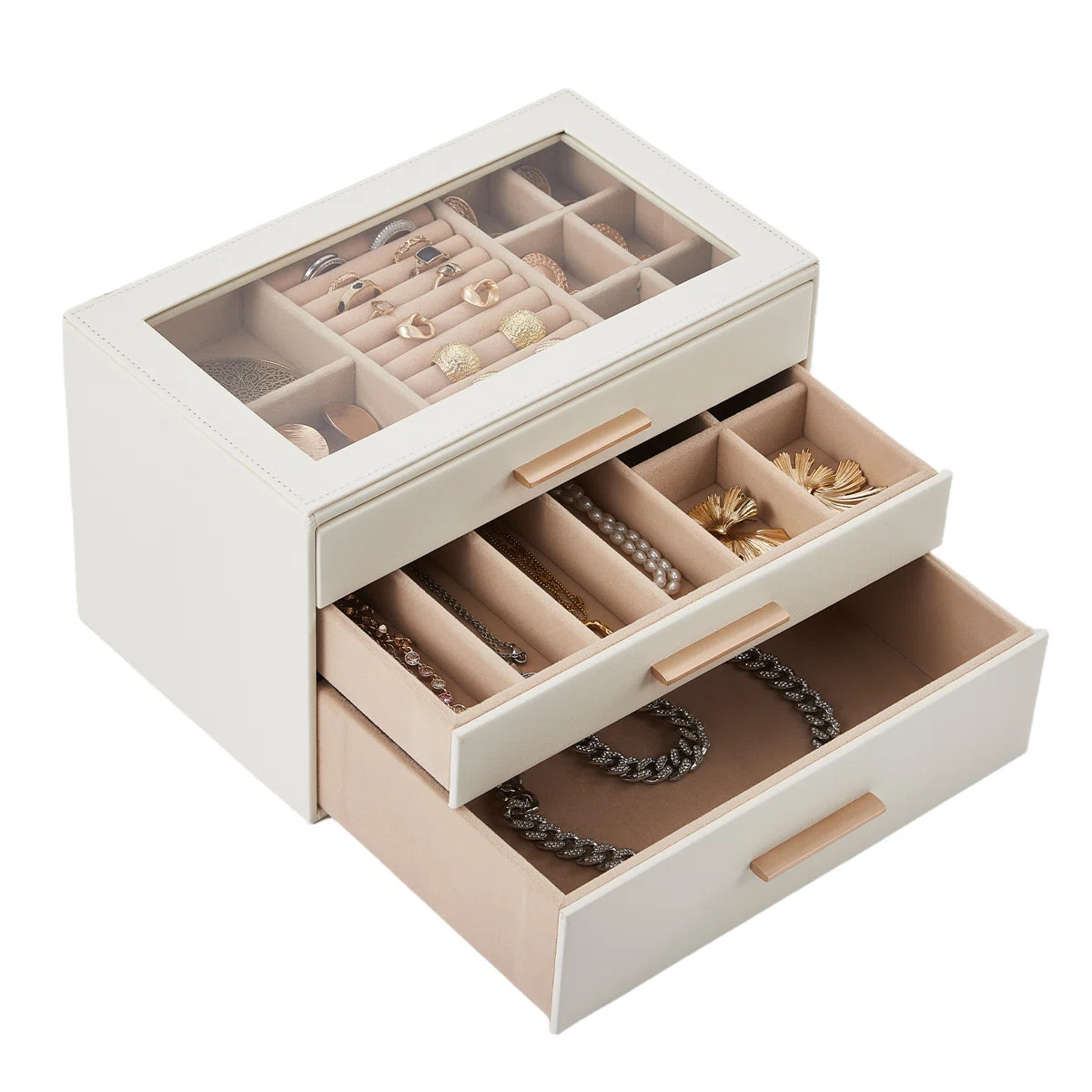 3 Layer Jewelry Box for Women with Glass Lid and 3 Drawers, White Faux Leather Jewelry Organizer ... | Wayfair North America