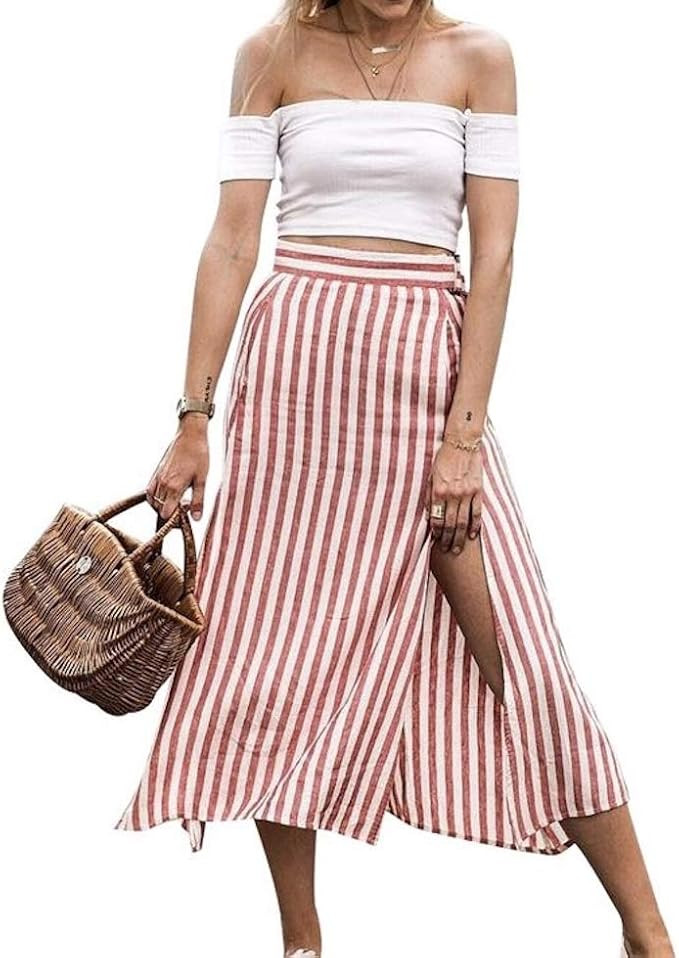 Red White Split Striped High Waist Casual Women Zipper Long Skirts Autumn Winter Office Ladies Mi... | Amazon (US)