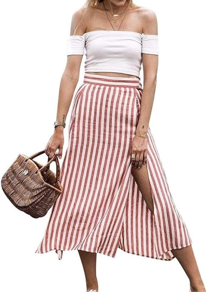 Red White Split Striped High Waist Casual Women Zipper Long Skirts Autumn Winter Office Ladies Mi... | Amazon (US)