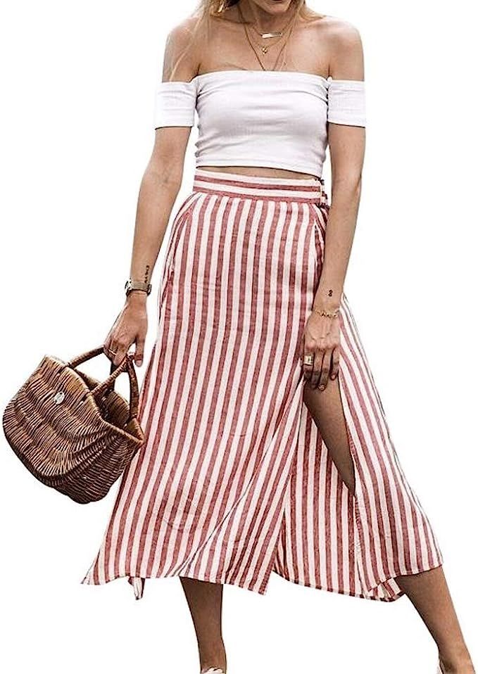 Red White Split Striped High Waist Casual Women Zipper Long Skirts Autumn Winter Office Ladies Mi... | Amazon (US)