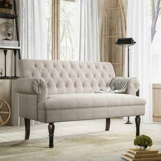 Seafuloy Light Beige Fabric Tufted 2-Seats Bench with High Gourd Wood Leg 58.27 in. W x 37 in. H ... | The Home Depot