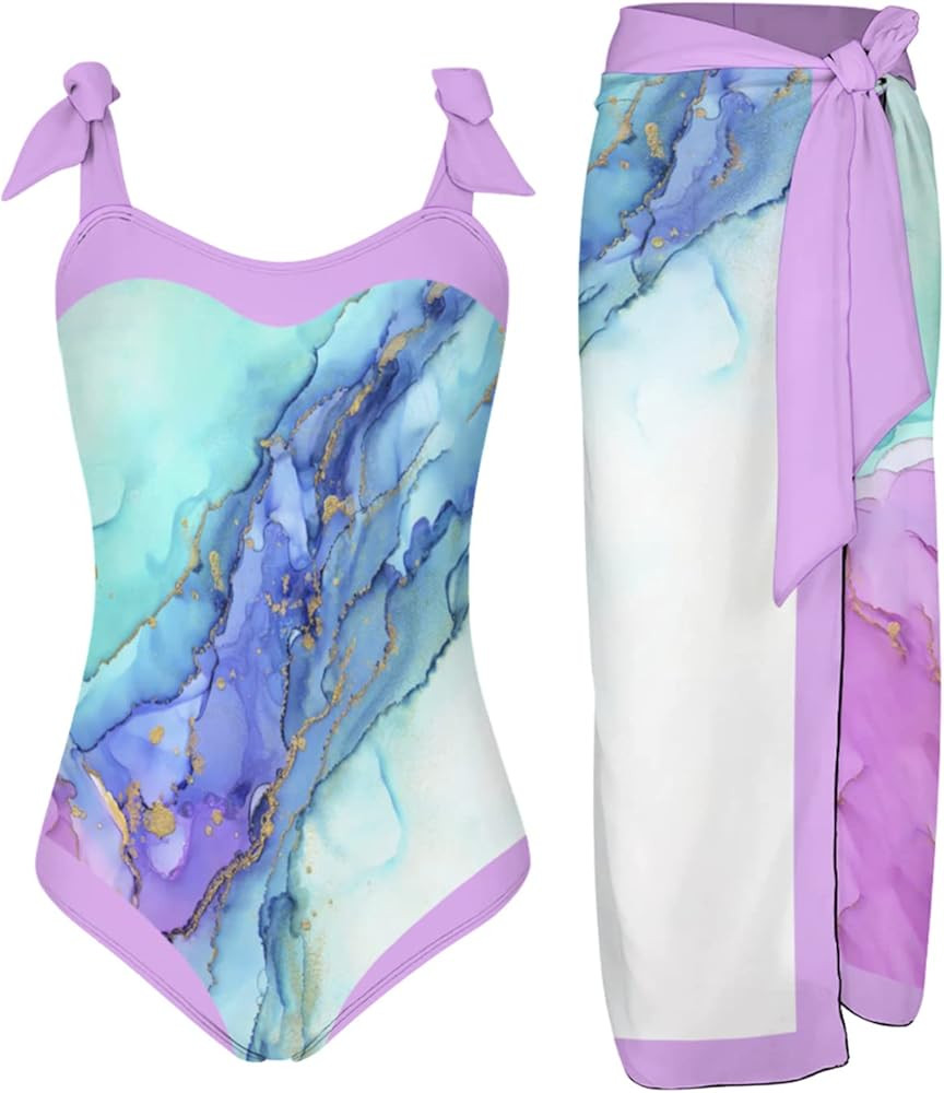 SELINK Women's One Piece Bathing Suit with Long Skirt Beach Cover Up 2 Piece Floral Print Swimsui... | Amazon (US)