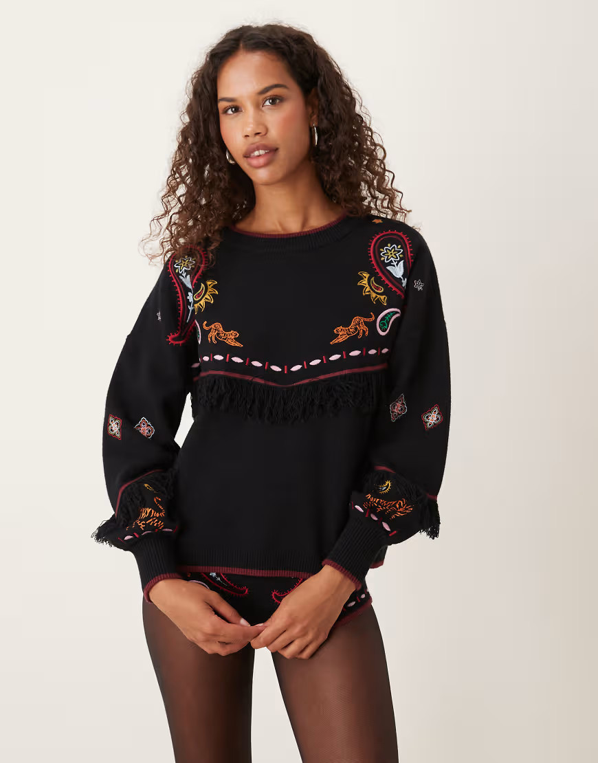Never Fully Dressed safari embroidered knitted jumper co-ord in black | ASOS (Global)