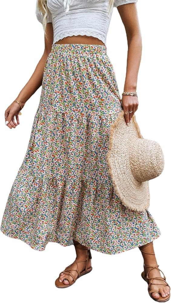 Milumia Women's Boho Vintage Floral Print Tie Waist A Line Maxi Skirts | Amazon (US)