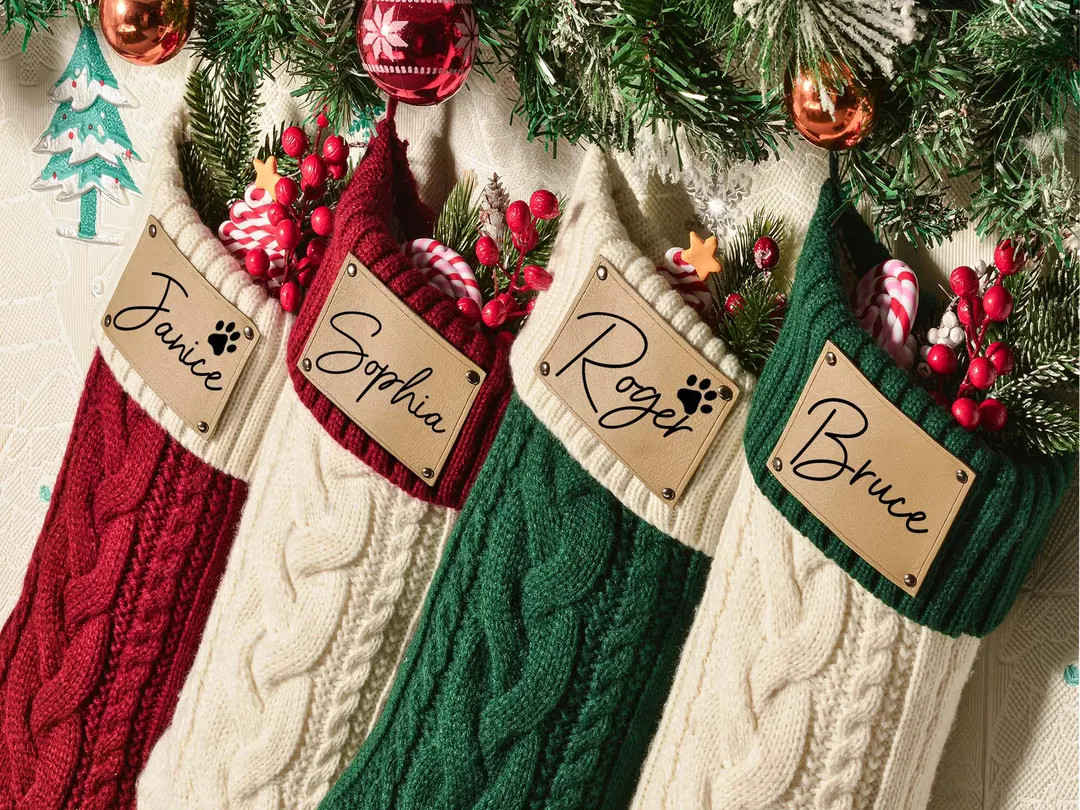 2024 Engraved Leather Patch Stockings,Christmas Stockings with Name,Holiday Stockings,Knit Stocki... | Etsy (US)