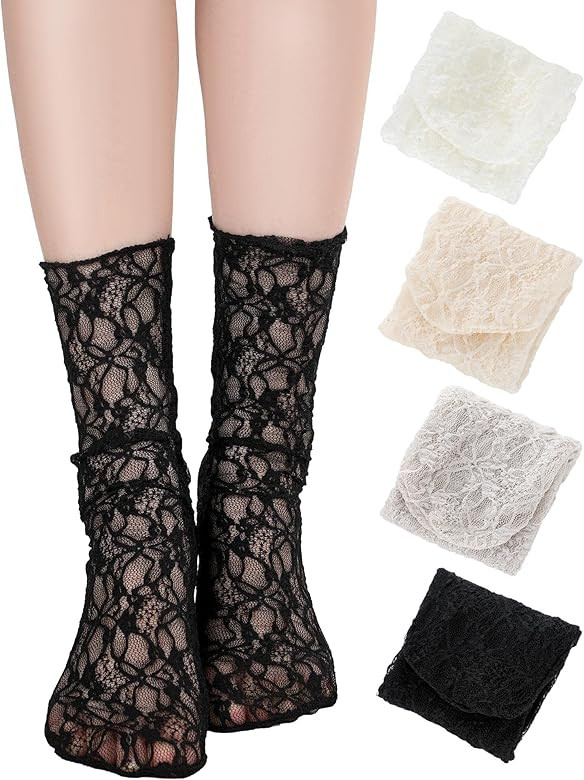 Geyoga 4 Pairs Women's Lace Socks Ruffle Frilly Ankle Socks Mesh Lace Loose Socks Slouch Socks An... | Amazon (US)