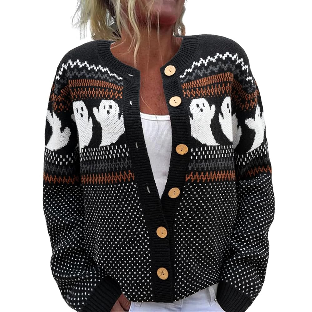 Fall Halloween Cardigans Sweater for Women Funny Holiday Graphic Long Sleeve Knit Button Down Swe... | Amazon (US)