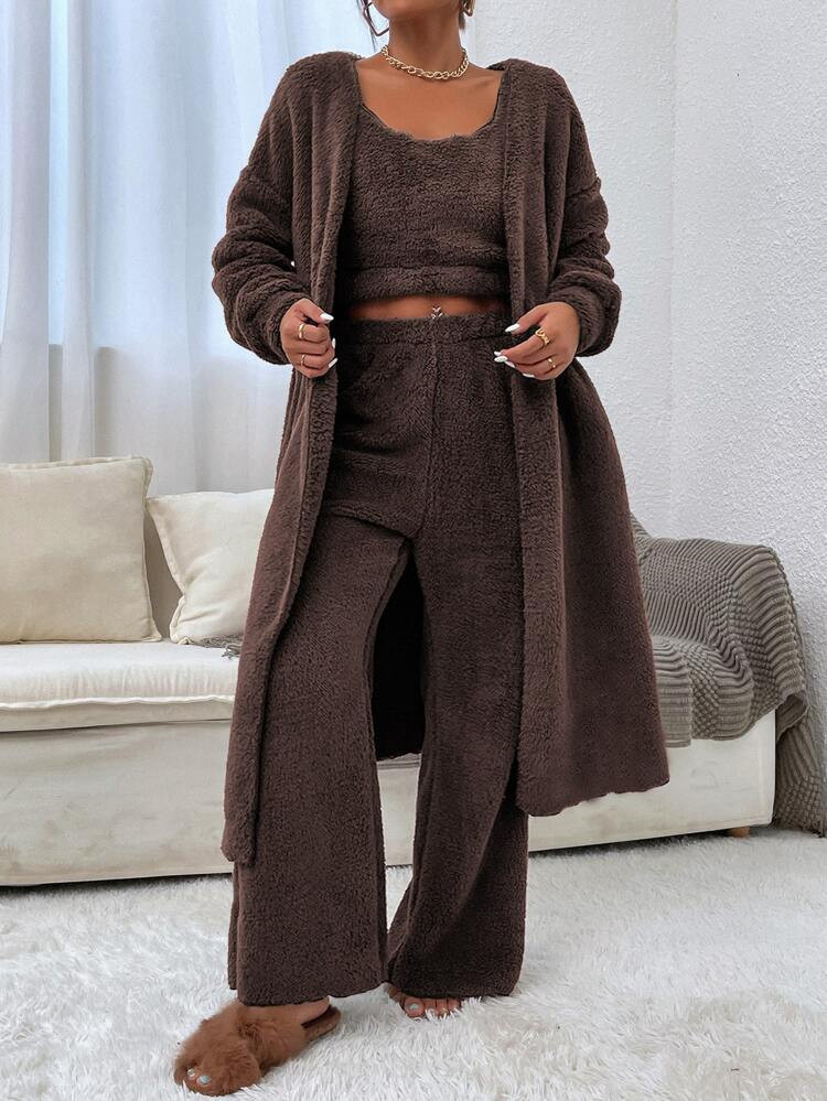 Drop Shoulder Open Front Flannel Coat & Tank Top & Pants | SHEIN