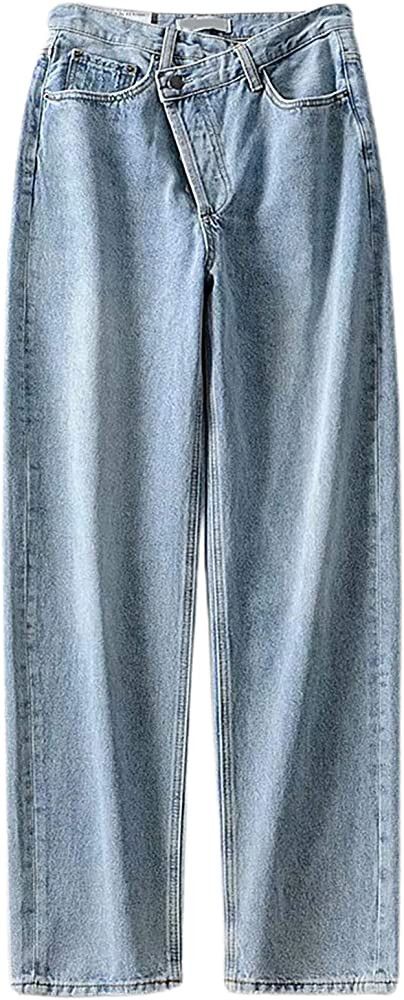 Vintage Women Straight Leg Jeans Asymmetric Waist Loose High Waist Jeans Casual Women Summer Deni... | Amazon (US)