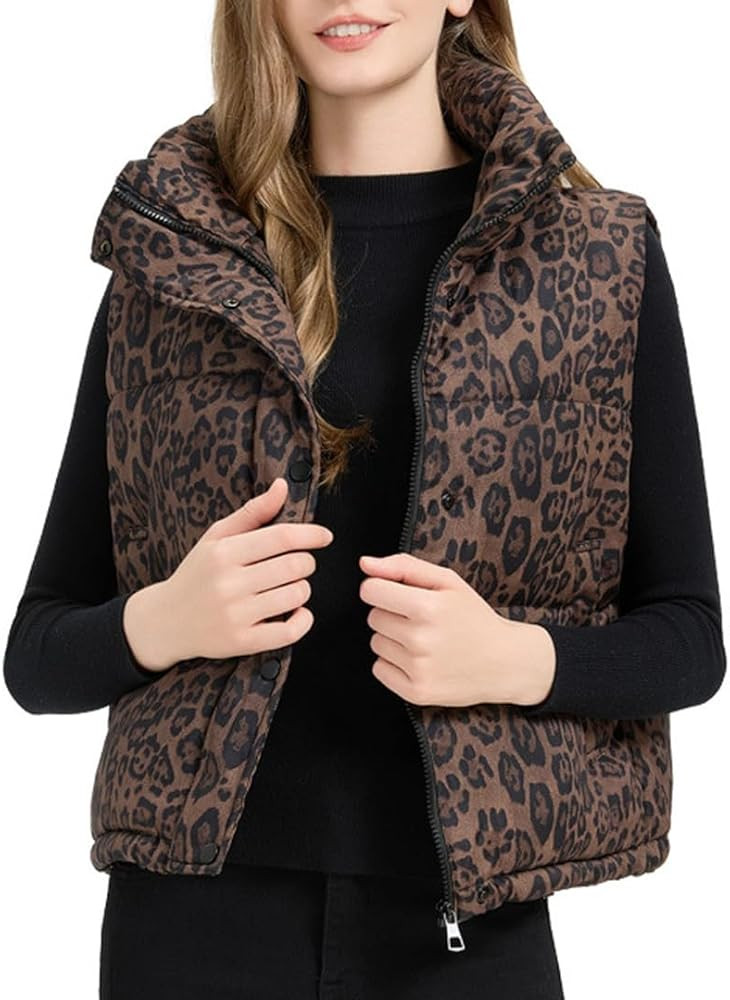 puffer vests for women leopard print stand collar sleeveless fluffy puffer quilted jackets with p... | Amazon (US)