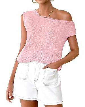 ZESICA Women's Summer Off The Shoulder Knit Tops 2025 Casual Short Sleeve Oversized Shirt | Amazon (US)