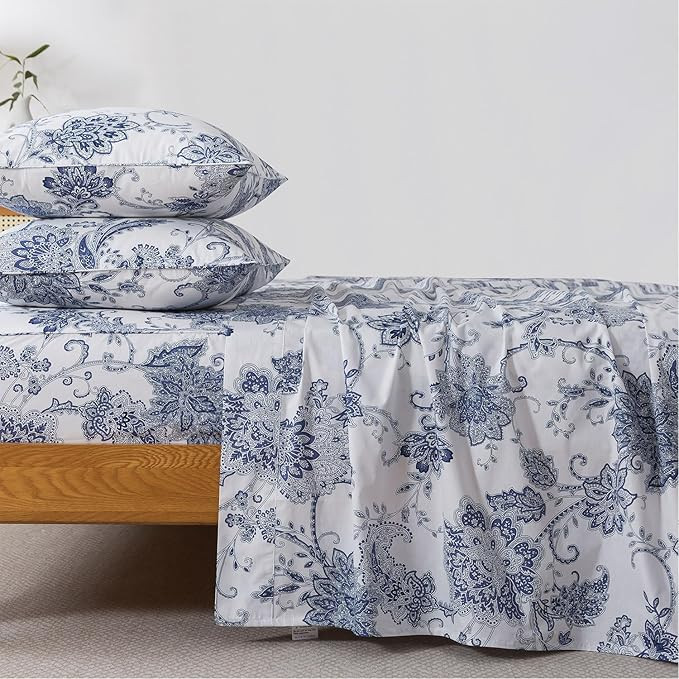 FADFAY King Sheets Set Percale Cotton Floral Bed Sheets Deep Pocket Fitted Sheet, Luxury Blue Flo... | Amazon (US)